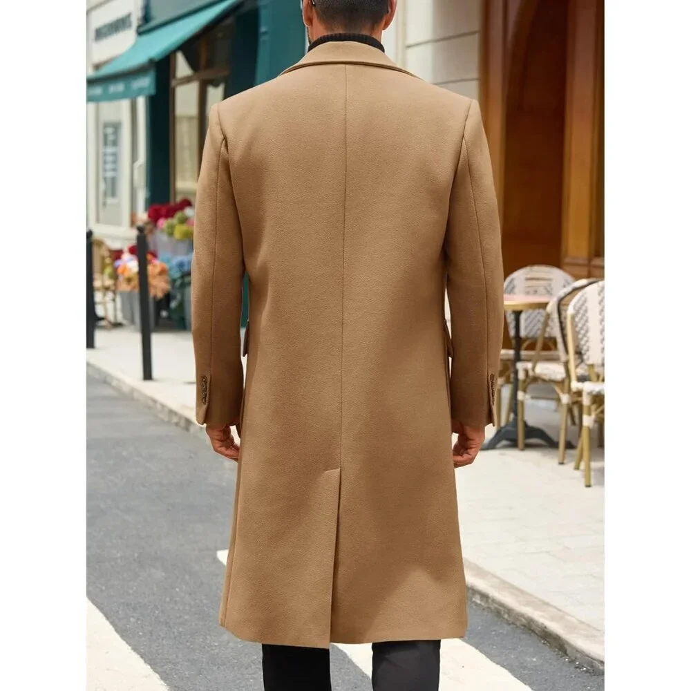 Men's Khaki Wool Blend Casual Trench Coat Notched Collar Lapel Breasted Coat